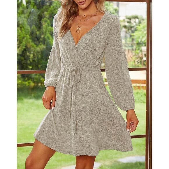 NEW Soft Deep V Neck Balloon Tie Waist Knit Sweater Dress Pockets Large - Picture 3 of 6